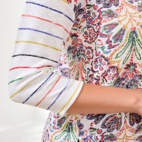 Close-up of a colorful patterned fabric with multicolored stripes on a white background