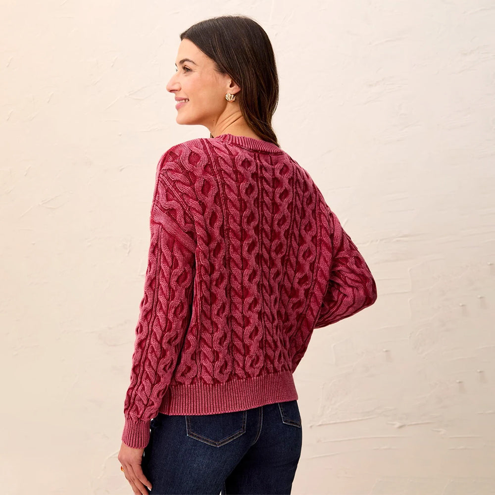 A woman wearing a textured, cable-knit sweater in a dusty rose pink color, paired with dark blue jeans, photographed from the back against a light beige textured wall.