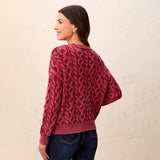 A woman wearing a textured, cable-knit sweater in a dusty rose pink color, paired with dark blue jeans, photographed from the back against a light beige textured wall.