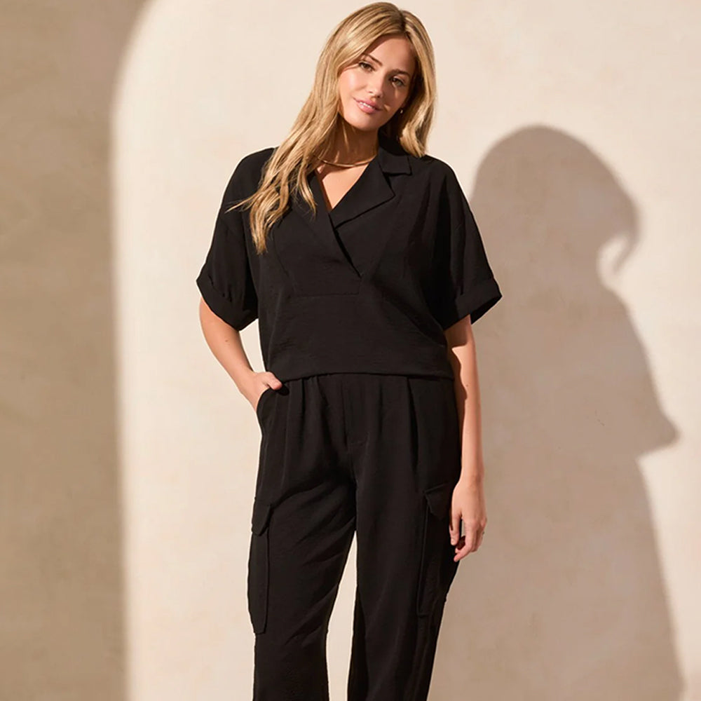 Tribal Clothing Co Flowy Popover Short Sleeve Shirt-Black