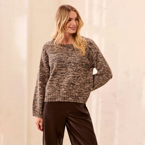 A woman modeling a long-sleeve crewneck knit sweater with a brown and beige marled pattern, paired with dark brown pants, set against a neutral cream-colored wall.
