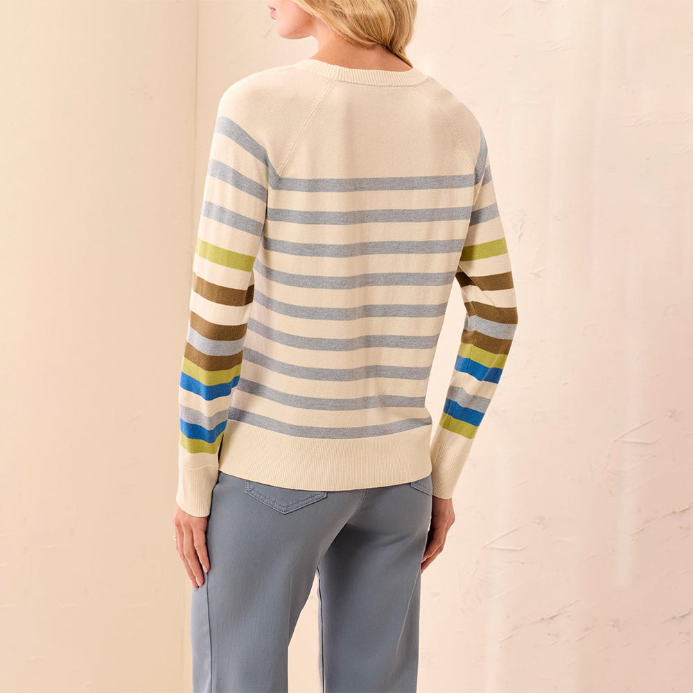 A woman shown from the back wearing a cream knit sweater with horizontal stripes in blue, olive green, brown, and light gray, paired with light blue pants against a soft beige wall.