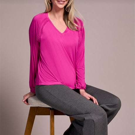 Tribal Clothing Co Long Sleeve V Neck Top W/Pleating Detail-Pink Flambe