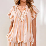 Tribal Clothing Co Short Sleeve Blouse With Raw Edge & Smocking Sahara Beige