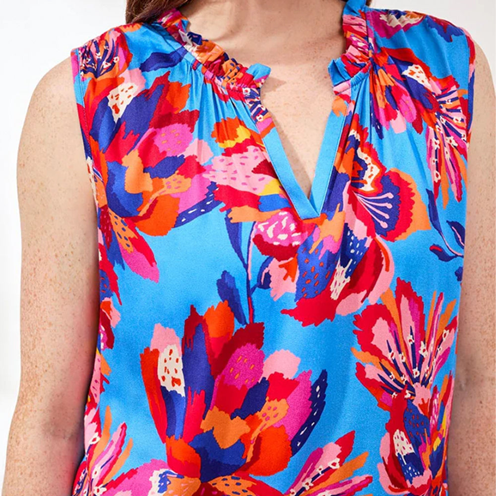 Colorful floral dress with a blue background