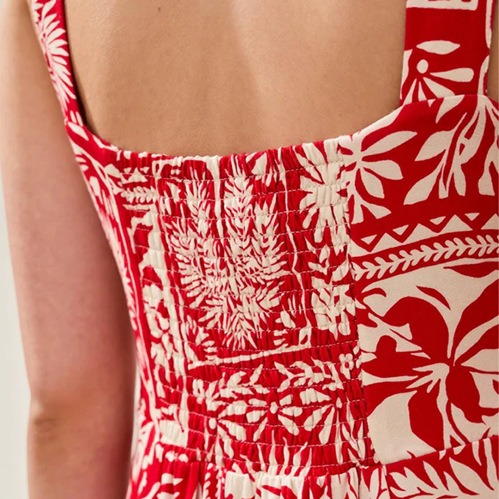 Red and white floral patterned dress on a plain background