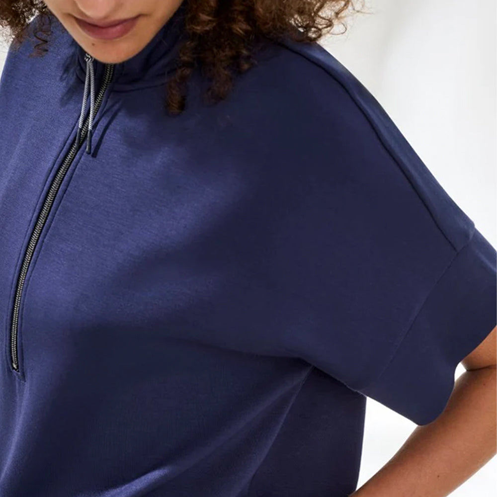 Navy blue pullover with a quarter zip on a white background