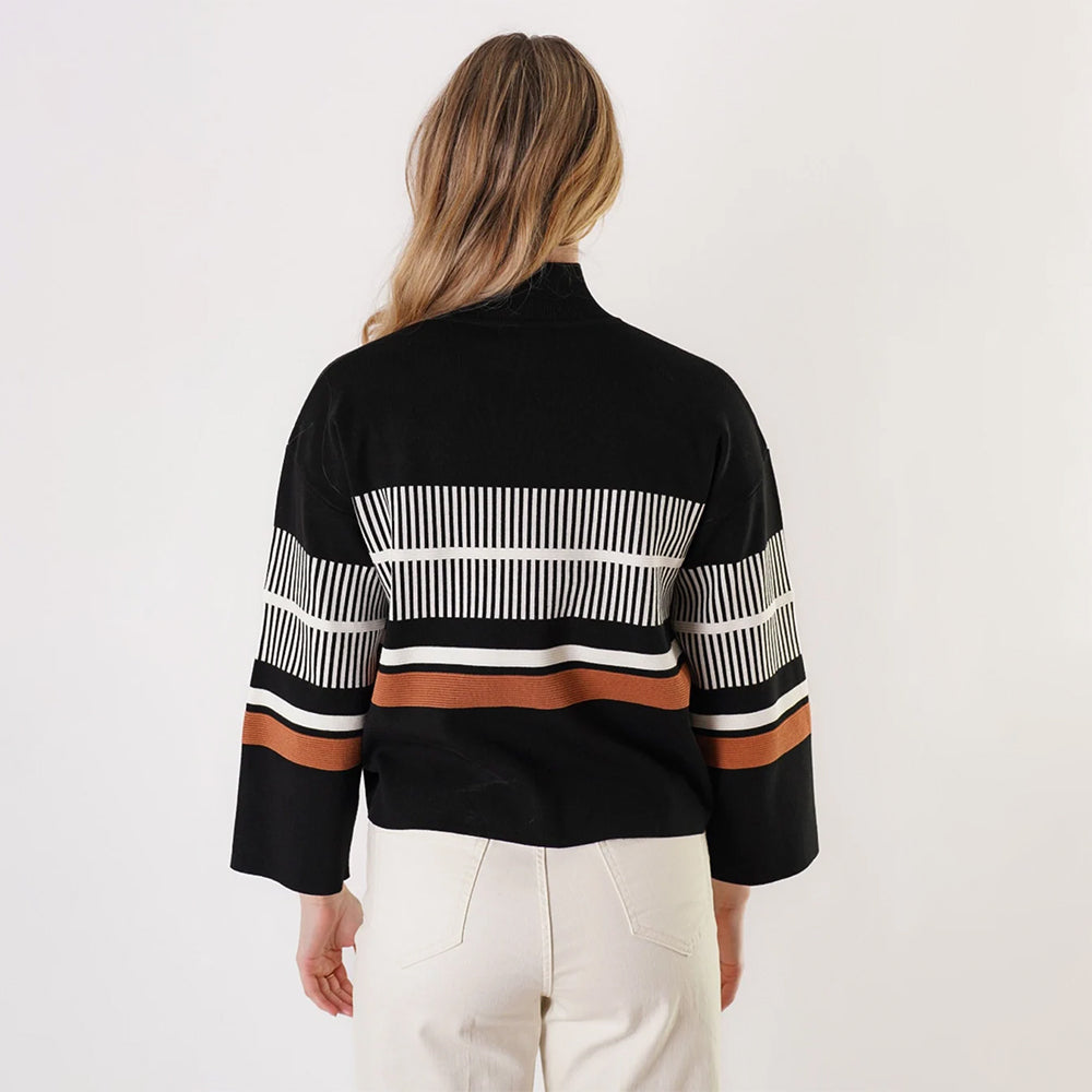 Trisha Tyler Black Multi Stripe Mock Neck Top
