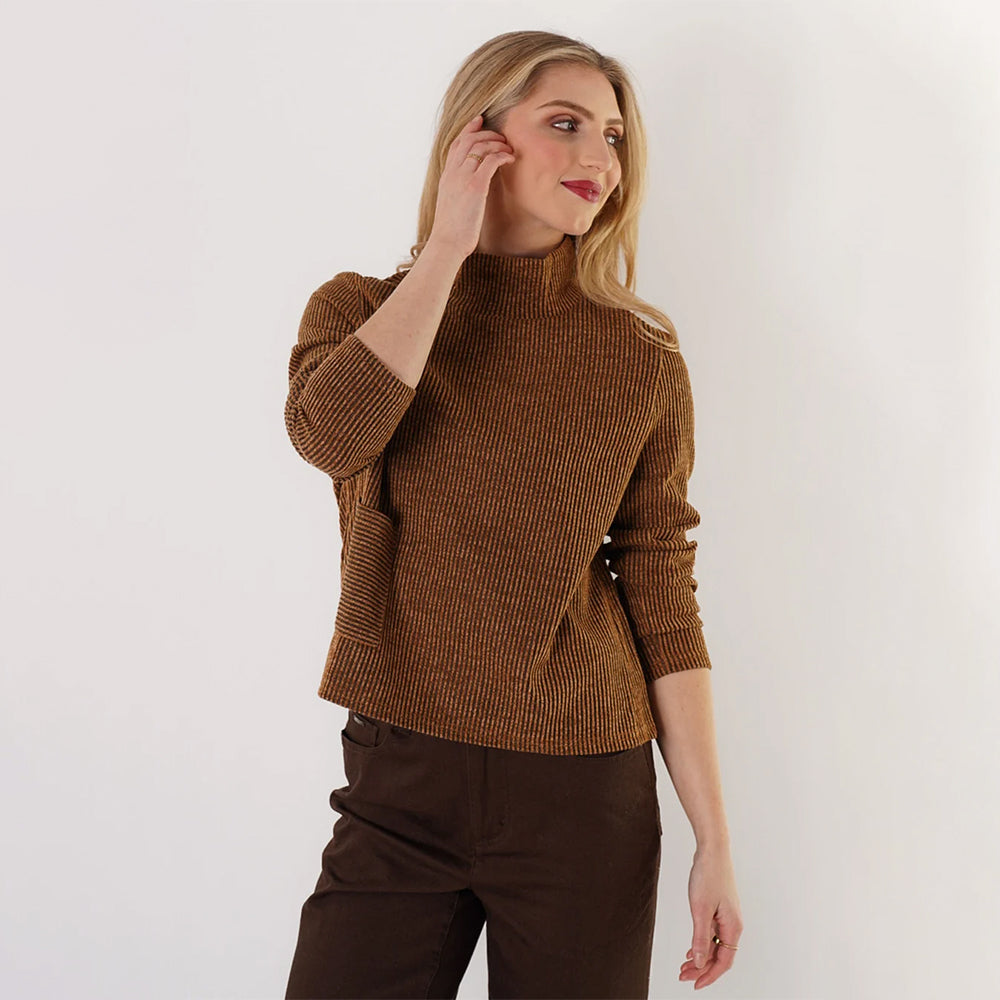 Trisha Tyler Coffee Ribbed Chenille Boxy Pocket Sweater