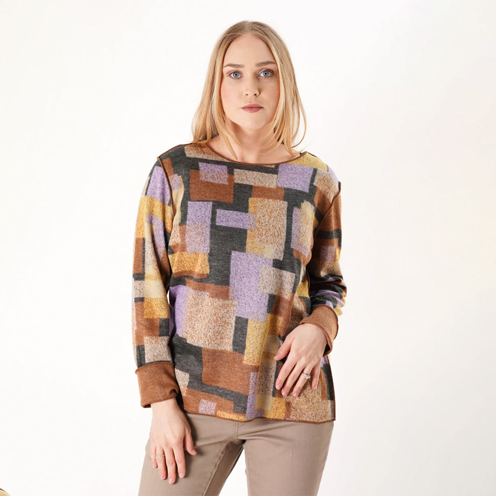 Trisha Tyler Orange Multi Sketch Block Reversible Crew Necklace Top