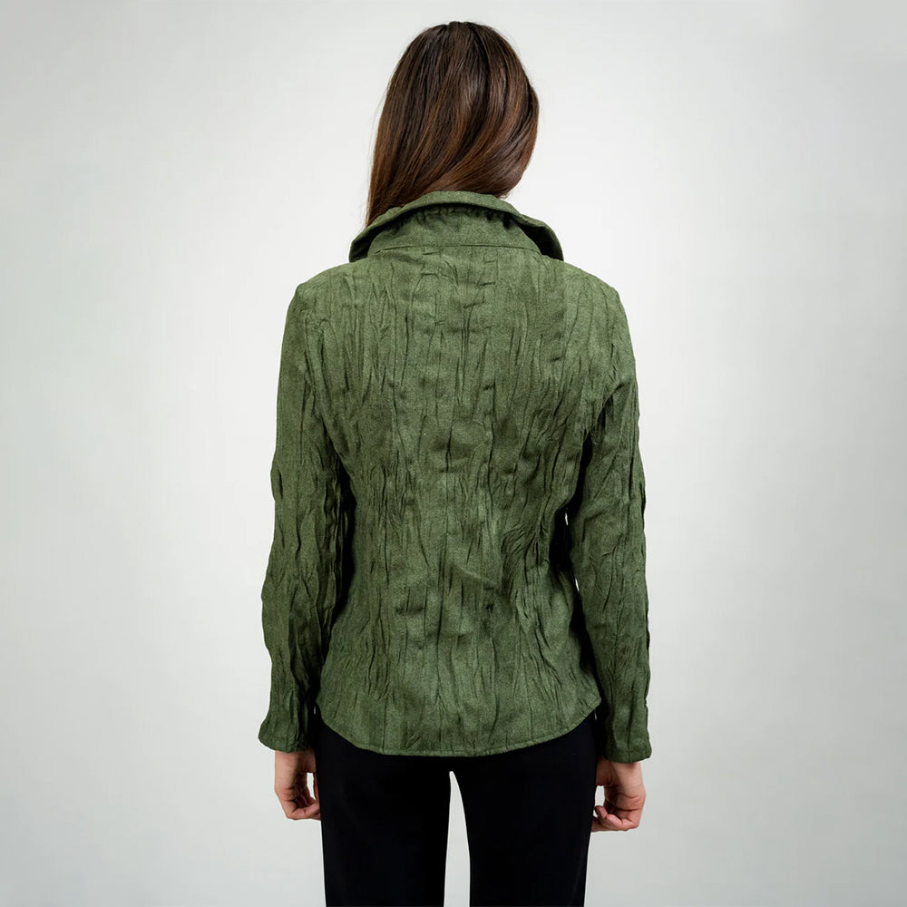 Person wearing a green textured jacket on a white background