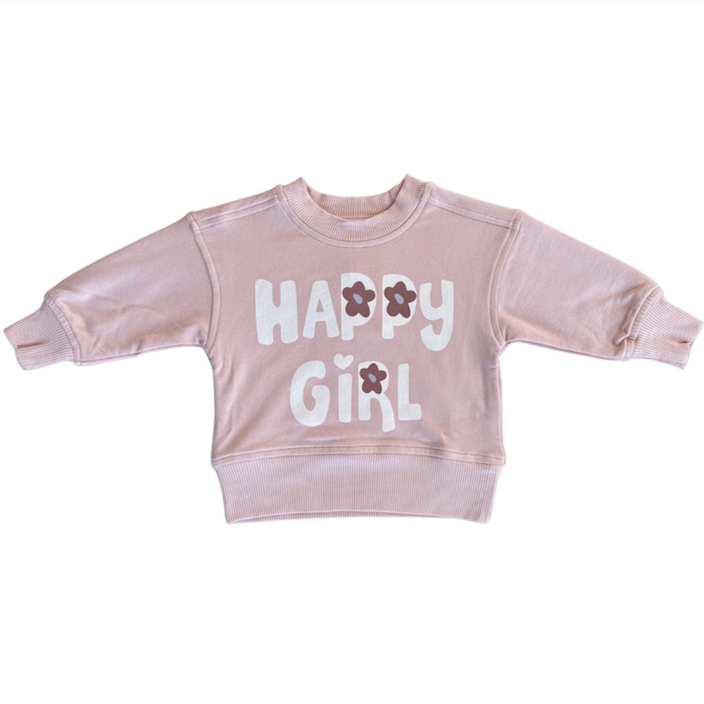 Pink sweatshirt with 'Happy Girl' text on a white background