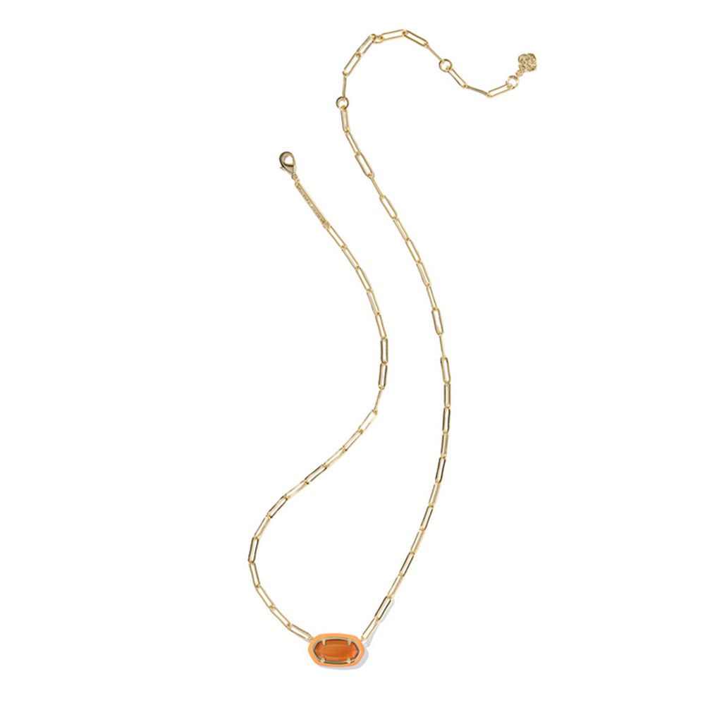 Gold necklace with an orange pendant on a white background