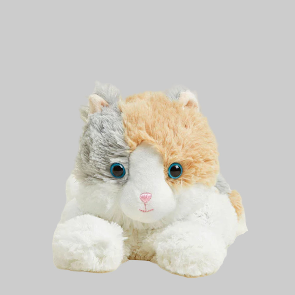 Plush toy resembling a cat with gray and orange fur on a light gray background