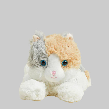 Plush toy resembling a cat with gray and orange fur on a light gray background