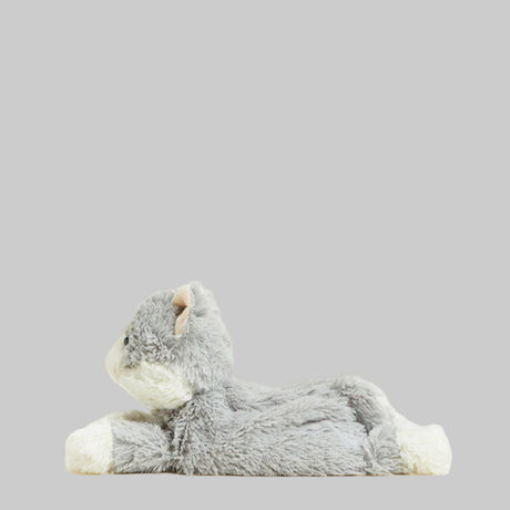 Plush toy cat with gray fur and blue eyes on a gray background