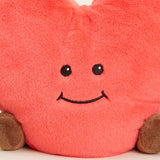 Plush heart-shaped toy with a smiling face on a white background