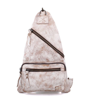 A beige and brown crossbody bag with a zipper closure and a chain shoulder strap.
