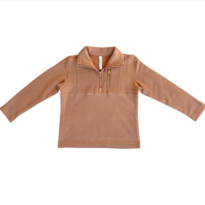 Brown long-sleeve shirt with a quarter zip on a white background